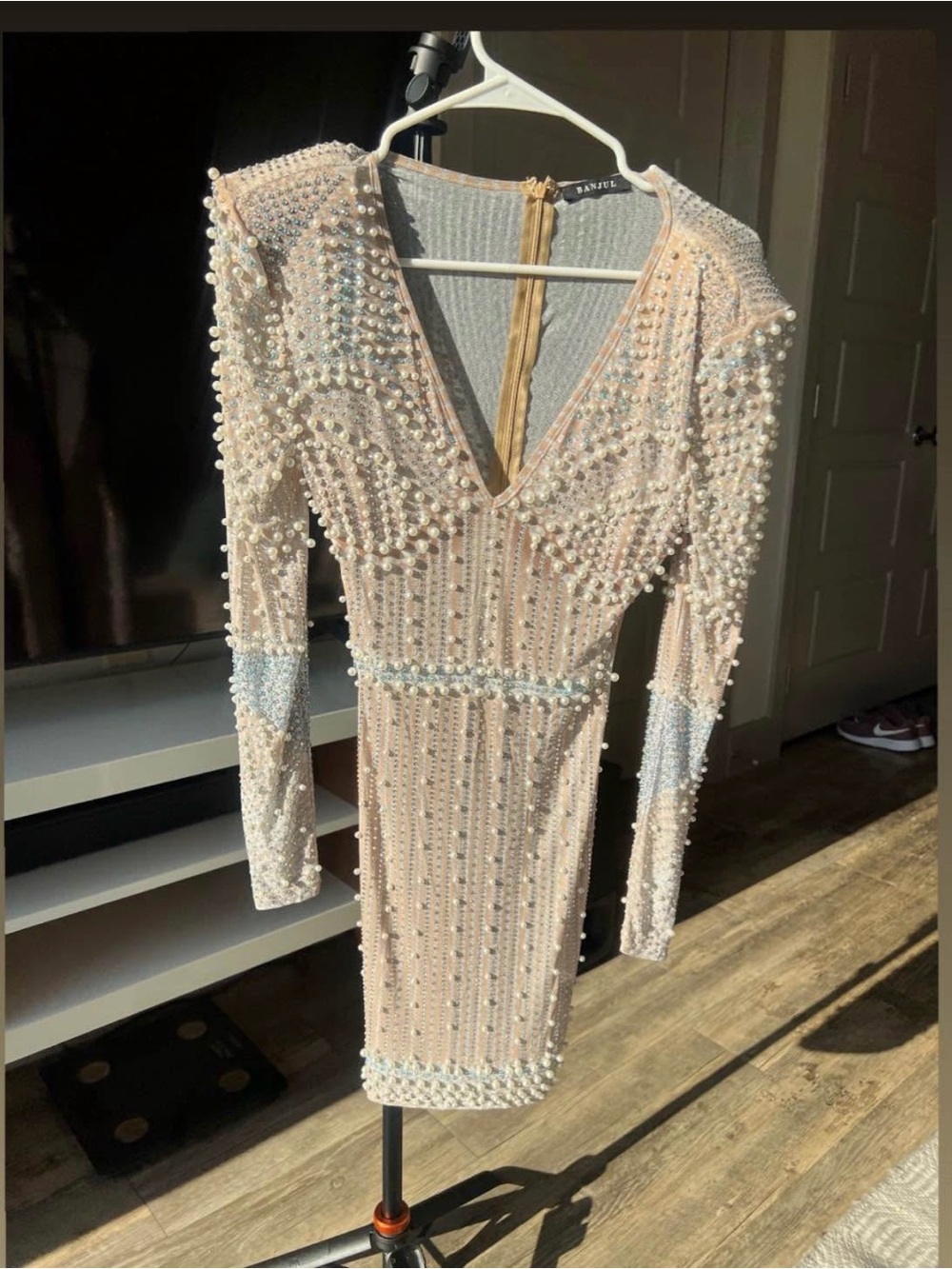 Banjul Nude Pearl & Crystal Embellished Mini Dress